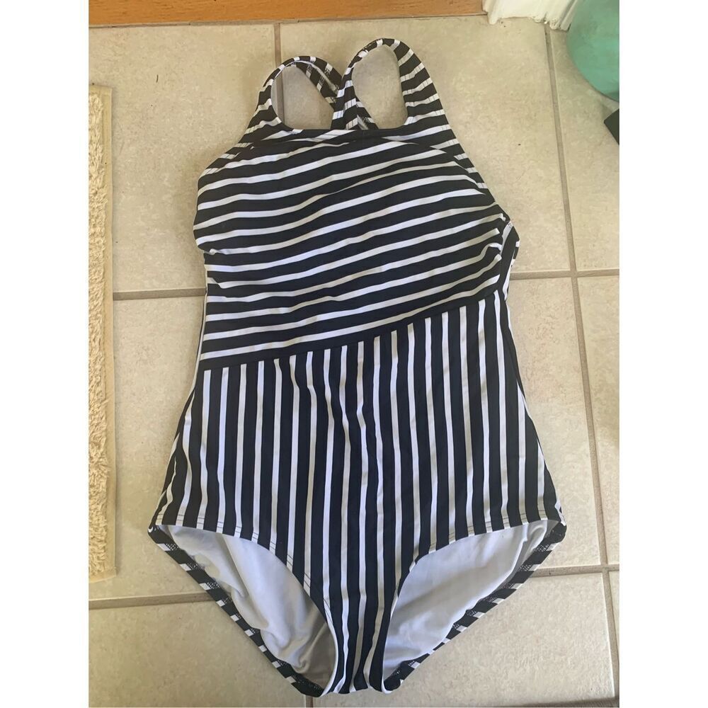 Lands' End Women's Medium Black & White Striped High Neck 1 Piece Swimsuit